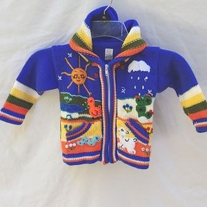 Children's sweater w/ hood, zippered, made in Peru, hand stitched, sz 4